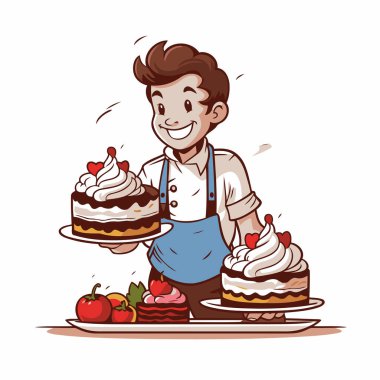 Pastalı mutlu bir aşçının resmi. Vektör illüstrasyonu.