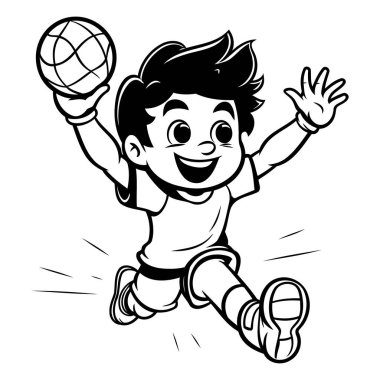 Çizgi filmdeki futbolcu topla zıplıyor. Vektör illüstrasyonu vinil kesim için hazır.