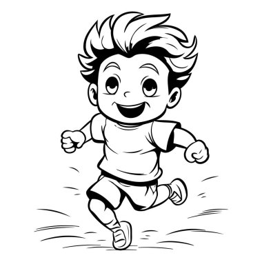 Koşan Çocuk - Siyah ve Beyaz Çizgi Film Çizimi. Vektör Klipsi Sanatı