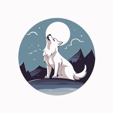 Arka planda dağlar olan bir dairenin içindeki bir köpeğin vektör çizimi