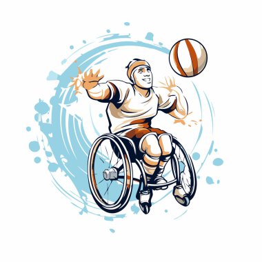 Tekerlekli sandalyedeki engelli adam basketbol oynuyor. El çizimi vektör illüstrasyonu.