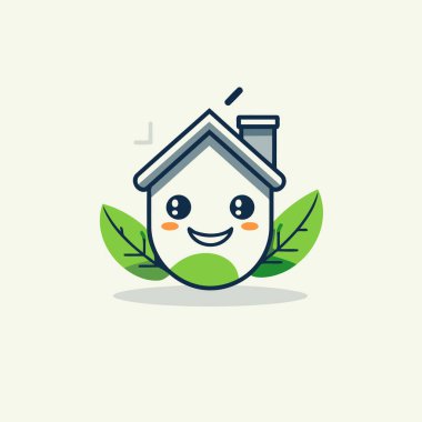 Yeşil yapraklı gülen ev. Ev ikonu. Vektör illüstrasyonu.