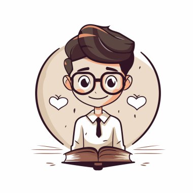 Beyaz arka plan üzerine kitap okuyan gözlüklü bir çocuğun vektör çizimi