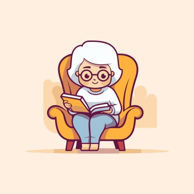 Yaşlı kadın koltukta oturup kitap okuyor. Vektör illüstrasyonu.