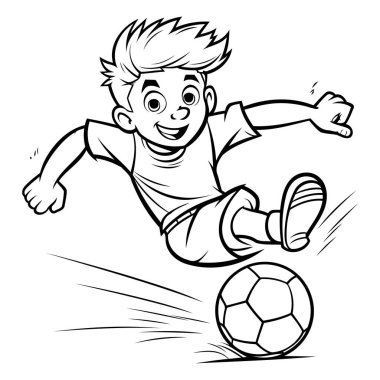 Futbol oynayan çocuk - Siyah ve Beyaz Çizgi Film İllüstrasyonu. Vektör Sanatı