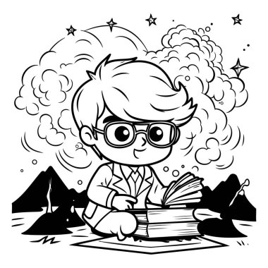 Gece Boyama Kitabı Okurken Siyah ve Beyaz Çizgi Roman Çizimi