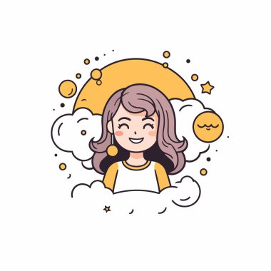 Bulutlarda tatlı bir kız. Çizgi film tarzında vektör illüstrasyonu.