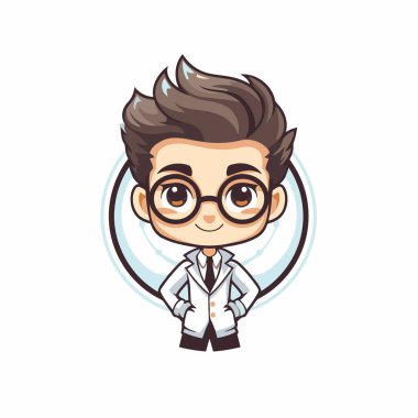 Gözlüklü ve beyaz önlüklü tatlı çocuk. Vektör illüstrasyonu.