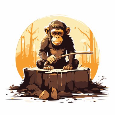 Kütüğün üzerinde oturan ve elinde tahta bir balta tutan bir maymunun vektör çizimi