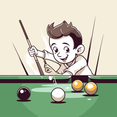 Çizgi filmci çocuk bilardo oynuyor. Retro biçiminde vektör illüstrasyonu.
