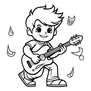 Renkli Kitap İçin Elektro Gitar Çalan Sevimli Küçük Çocuğun Siyah ve Beyaz Çizgi Filmleri