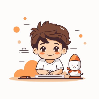 Masada oturup yazı yazan şirin bir çocuk. Vektör illüstrasyonu.