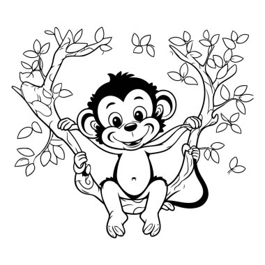 Ağaç dalında oturan bir maymun. Siyah ve beyaz vektör çizimi