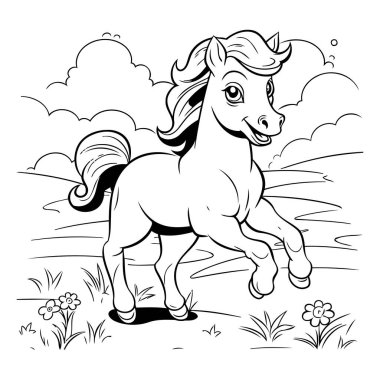 Siyah ve Beyaz Çizgi Film Boyama Kitabı için Şirin At Hayvanı