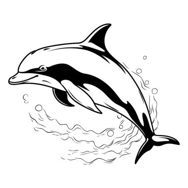 Sudan atlayan yunus. Siyah ve beyaz vektör çizimi.