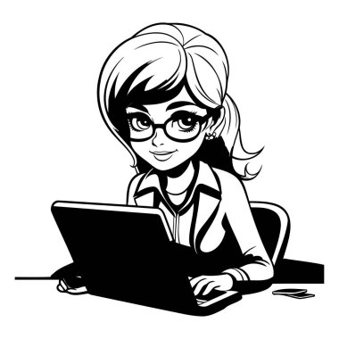Dizüstü bilgisayarla çalışan genç bir iş kadını. Siyah ve beyaz vektör çizimi.