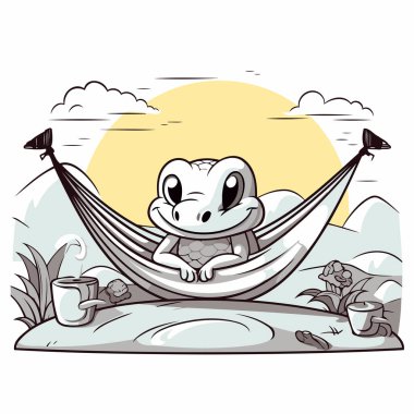 Bir Hamakta Rahatlayan Şirin Kurbağa Çizimi