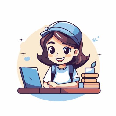 Dizüstü bilgisayarı ve kitapları olan tatlı bir kız. Çizgi film tarzında vektör illüstrasyonu.