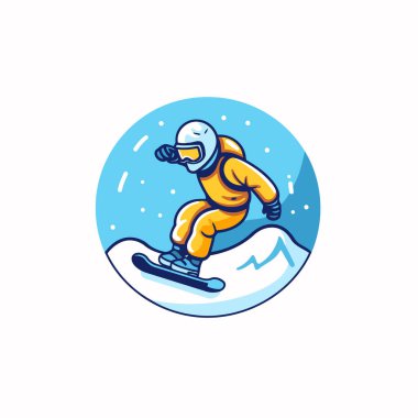 Kayak logosu. Snowboardcu atlayışının vektör illüstrasyonu.