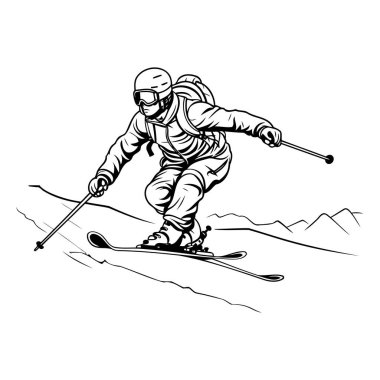 Piste snowboardcu. monokrom vektör illüstrasyonu