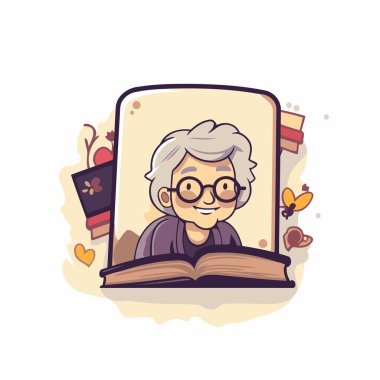 Kitap okuyan yaşlı bir adam. Çizgi film tarzında vektör illüstrasyonu