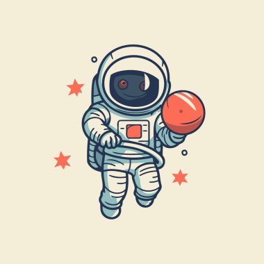 Elinde bir topla astronotluk yapıyor. Vektör illüstrasyonu.