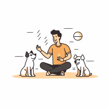 Yerde oturup köpekleriyle oynayan bir adamın vektör çizimi..