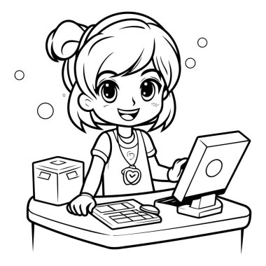 Siyahi ve Beyaz Çizgi Film Çizgi Filmi: Sevimli Küçük Kız Boyama Kitabı İçin Bir Bilgisayar Kullanıyor