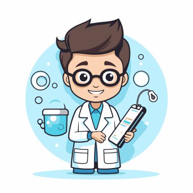 Test tüpü tutan bir bilim adamı. Vektör çizgi film karakteri çizimi.