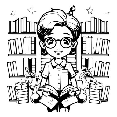 Kütüphanede kitap okuyan bir kız. Siyah ve beyaz vektör çizimi.