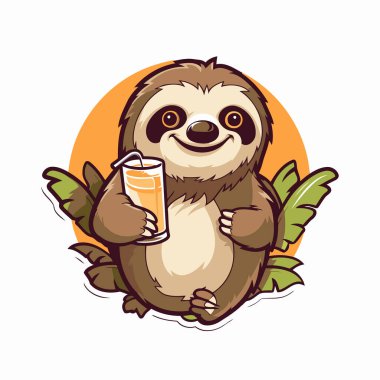 Bir bardak meyve suyu ile şirin bir çizgi film tembel hayvanı. Vektör illüstrasyonu.