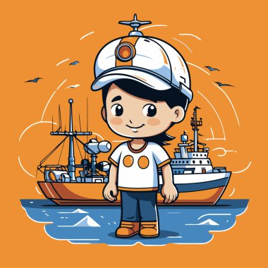 Gemide duran yakışıklı denizci çocuk. Vektör çizgi film illüstrasyonu.