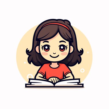 Kitap okuyan sevimli küçük bir kız. Çizgi film tarzında vektör illüstrasyonu.