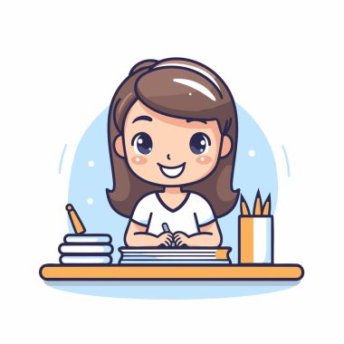 Masada oturan ve bir deftere yazı yazan küçük tatlı bir kızın vektör çizimi..