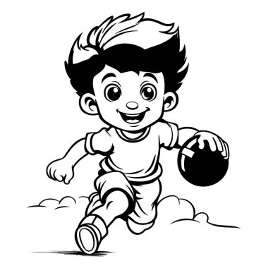Futbol oynayan sevimli küçük çocuk - siyah-beyaz vektör çizimi.