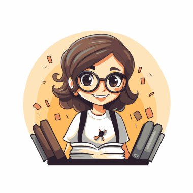 Gözlüklü şirin kız kitap okuyor. Vektör illüstrasyonu.