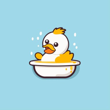 Bir kase suda şirin ördek yavrusu. Vektör illüstrasyonu.