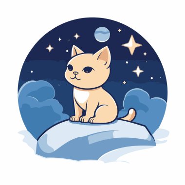 Geceleri kayanın üzerinde oturan sevimli çizgi film kedisi. Vektör illüstrasyonu.