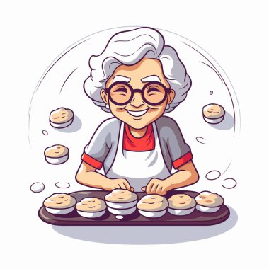 Büyükannem krep pişiriyor. Vektör karikatür çizimi. Beyaz arkaplanda izole.