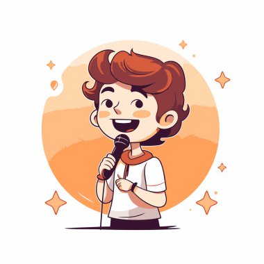 Çizgi filmci çocuk mikrofonla karaoke yapıyor. Vektör illüstrasyonu.