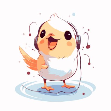 Kulaklıklı şirin çizgi film tavuğu. Beyaz arkaplanda vektör illüstrasyonu.