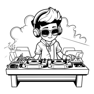 DJ turntable 'larda müzik çalıyor ve çizgi film vektör çizimi grafik tasarımı yapıyor