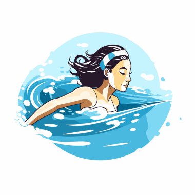 Havuzda yüzen genç bir kadın. Beyaz arkaplanda vektör illüstrasyonu.