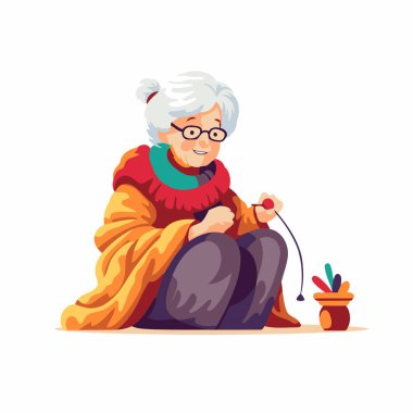Yaşlı bir kadın yerde oturup örgü örüyor. Vektör illüstrasyonu.