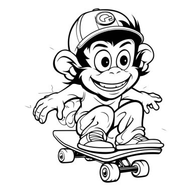 Maymun Kaykaycı - Siyah ve Beyaz Çizgi Film İllüstrasyonu. Vektör