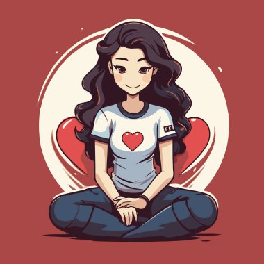 Kırmızı kalple Lotus pozisyonunda oturan bir kızın vektör çizimi.