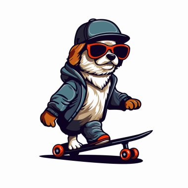 Şirin köpek kaykaya biniyor. Beyaz arkaplanda vektör illüstrasyonu.