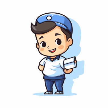 Elinde kredi kartı tutan kurye çocuk. çizgi film vektör illüstrasyonu.