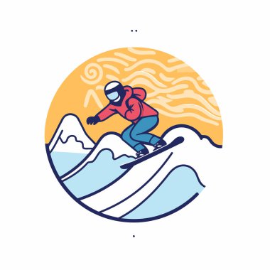 Dağların arka planında snowboardcu. Vektör illüstrasyonu.