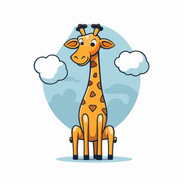 Bulutlu şirin çizgi film zürafası. Düz biçimli vektör illüstrasyonu